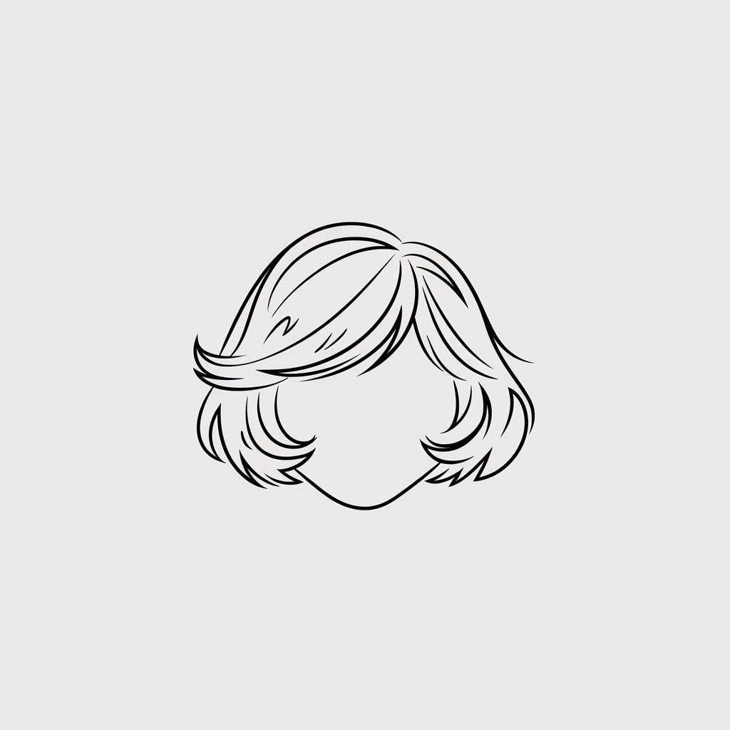 A minimalist, plain white background pencil drawing illustration of a short, playful bob haircut with soft waves. The bob is drawn in a simplistic style, with light, curved lines and small highlights for a fun, lively appearance, perfect for a youthful character.