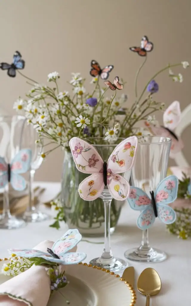 A whimsical spring dining table decorated with delicate fabric butterflies clipped to glassware and napkin rings. The centerpiece features a bouquet of wildflowers with small butterfly figurines perched on stems. The soft pastel palette of the decor creates a playful yet sophisticated spring atmosphere.