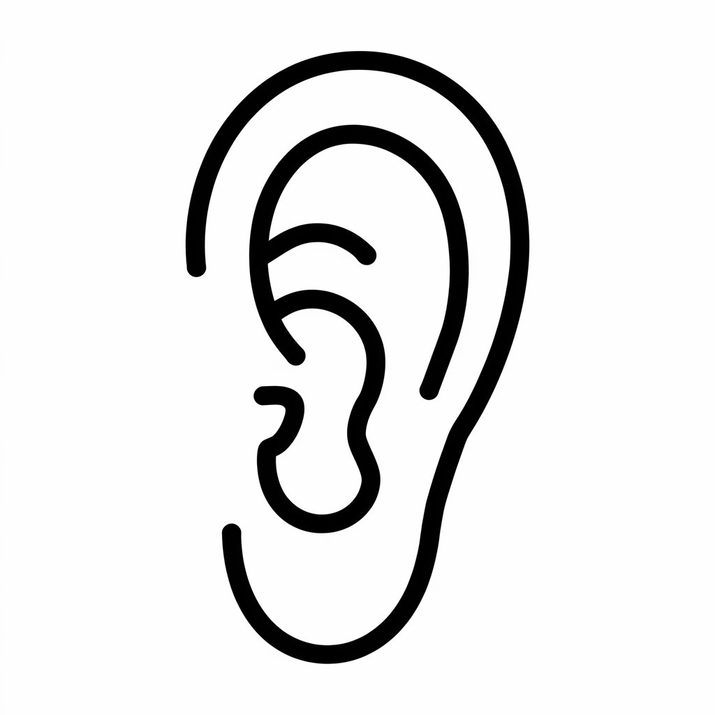 A pencil drawing illustration of a large, exaggerated cartoon ear. The ear is black and white, drawn in a simplistic style with smooth, rounded shapes. The playful design emphasizes its comedic and whimsical nature. The illustration is set against a plain white background.