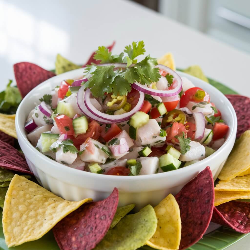 A medium shot of a chilled white bowl filled with vibrant ceviche. The ceviche is made of diced white fish marinated in lime juice, mixed with red onions, jalapeños, chopped tomatoes, cucumber, and cilantro. The bowl is placed on a bright white kitchen countertop. Scattered around the bowl are colorful tortilla chips for dipping. The ceviche’s bright, zesty tones contrast with the bright white countertop, adding a fresh, tropical feel.