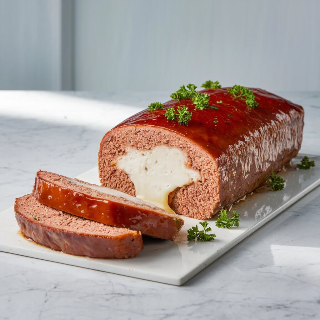 A photo of a rectangular cheese-stuffed meatloaf on a sleek, white rectangular platter against a bright background. The meatloaf has been sliced near the end, revealing a white, oozing gooey, melted cheese filling in its core. The cheese appears creamy, oozing slightly from the center of the meatloaf, adding a luscious texture to the dish. The exterior of the meatloaf is coated in a glossy red glaze, giving it a slightly sticky, shiny appearance. Small bits of chopped fresh parsley are sprinkled on top, adding vibrant green accents to the warm, hearty tones of the meat. Two thick slices of the meatloaf are cut and placed in front, showcasing the cooked golden brown color, moist, crumbly interior speckled with small pieces of herbs and seasoning. The texture of the ground meat is well-packed yet tender, with visible chunks of seasoning blended throughout.