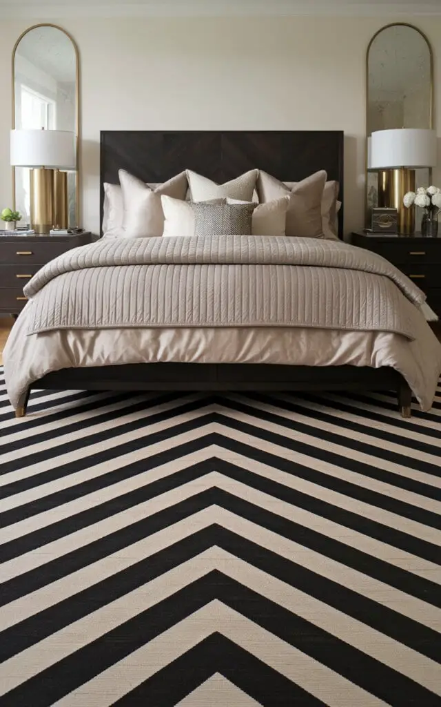 A photo of a stylish bedroom with a chevron-patterned rug in black and beige tones. The rug is placed under a very cozy bed with neutral bedding and a quilted throw. The bed features a dark wooden headboard and gold-accented bedside lamps. The room has a clean, modern decor. The bold pattern of the rug adds dynamic movement to the room.