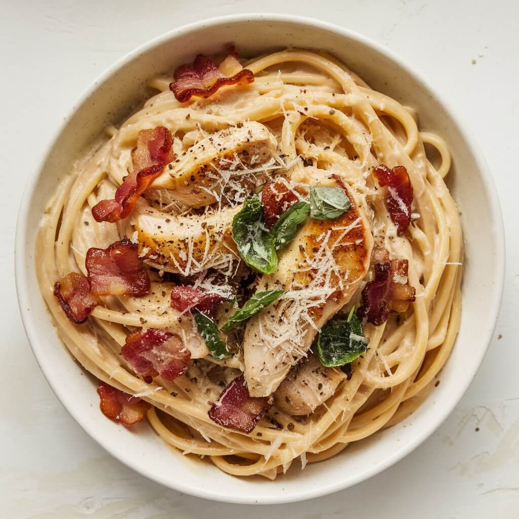 A photo of a creamy chicken carbonara on a bright white kitchen countertop. The bowl contains long strands of pasta coated in a glossy, creamy sauce. Crispy bacon pieces and tender seared chicken are scattered throughout. The dish is topped with grated Parmesan, chopped basil, and cracked black pepper.