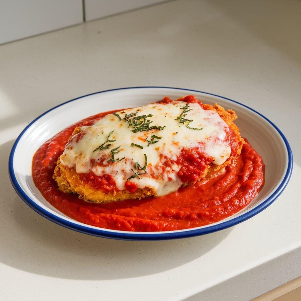 A photo of a plate of chicken Parmesan with creamy marinara sauce on a bright white kitchen countertop. The chicken is soaked in a golden-breaded crust and is smothered in melted mozzarella. The creamy marinara sauce pools around the chicken, with a vibrant red hue that contrasts beautifully with the melted cheese.