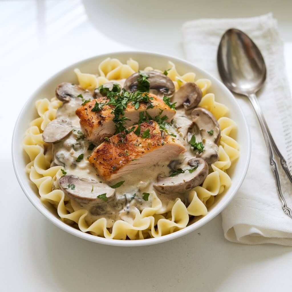 A photo of a bowl of creamy chicken Stroganoff on a bright white kitchen countertop. The dish features juicy seared chicken strips bathed in a mushroom and sour cream sauce. The dish is garnished with vibrant chopped green parsley and sits atop a pile of small buttery egg noodles, their edges curling temptingly. Beside the bowl, a white linen napkin and a spoon rest.