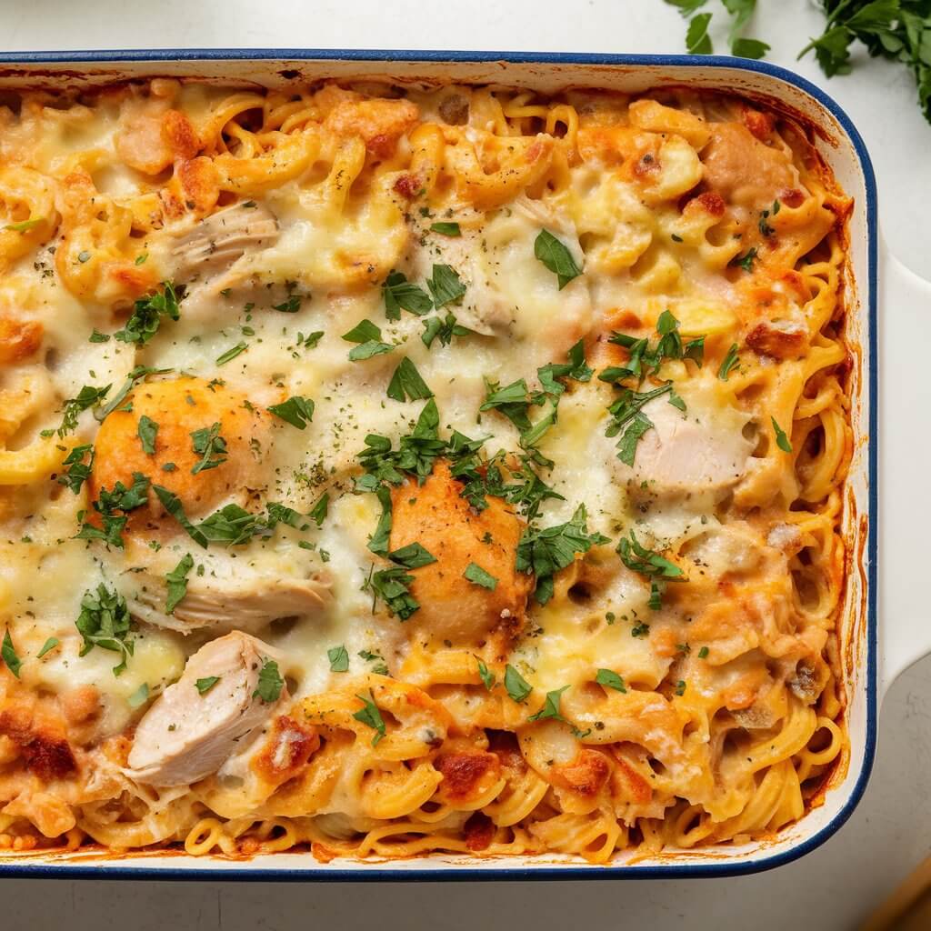 A photo of a creamy chicken tetrazzini casserole on a white kitchen countertop. The casserole is made of spaghetti entwined in a creamy, cheesy sauce with chunks of chicken. The top is golden and bubbly. There is a sprinkle of freshly chopped parsley on top. The aroma of baked goodness fills the air.