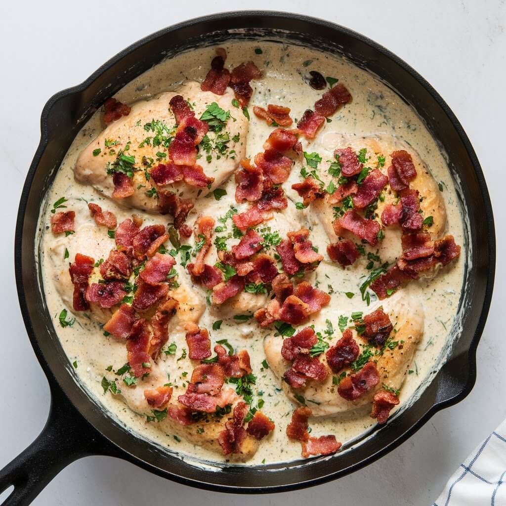 A photo of a skillet of chicken and bacon in creamy ranch sauce on a bright white kitchen countertop. Crispy chopped bacon pieces are scattered generously over tender chicken, all swimming in a smooth, ranch-flavored cream sauce. Chopped parsley adds a pop of green.