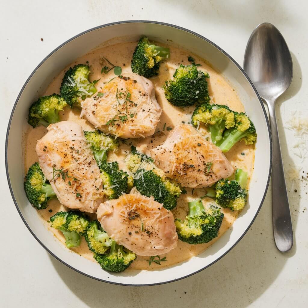 A photo of a creamy chicken and broccoli dish on a bright white kitchen countertop. The dish features tender chicken pieces surrounded by vibrant green broccoli florets. The creamy garlic sauce glistens, pooling gently around the chicken and vegetables. A sprinkle of freshly cracked black pepper and grated Parmesan adds texture. A serving spoon rests nearby, inviting a taste.