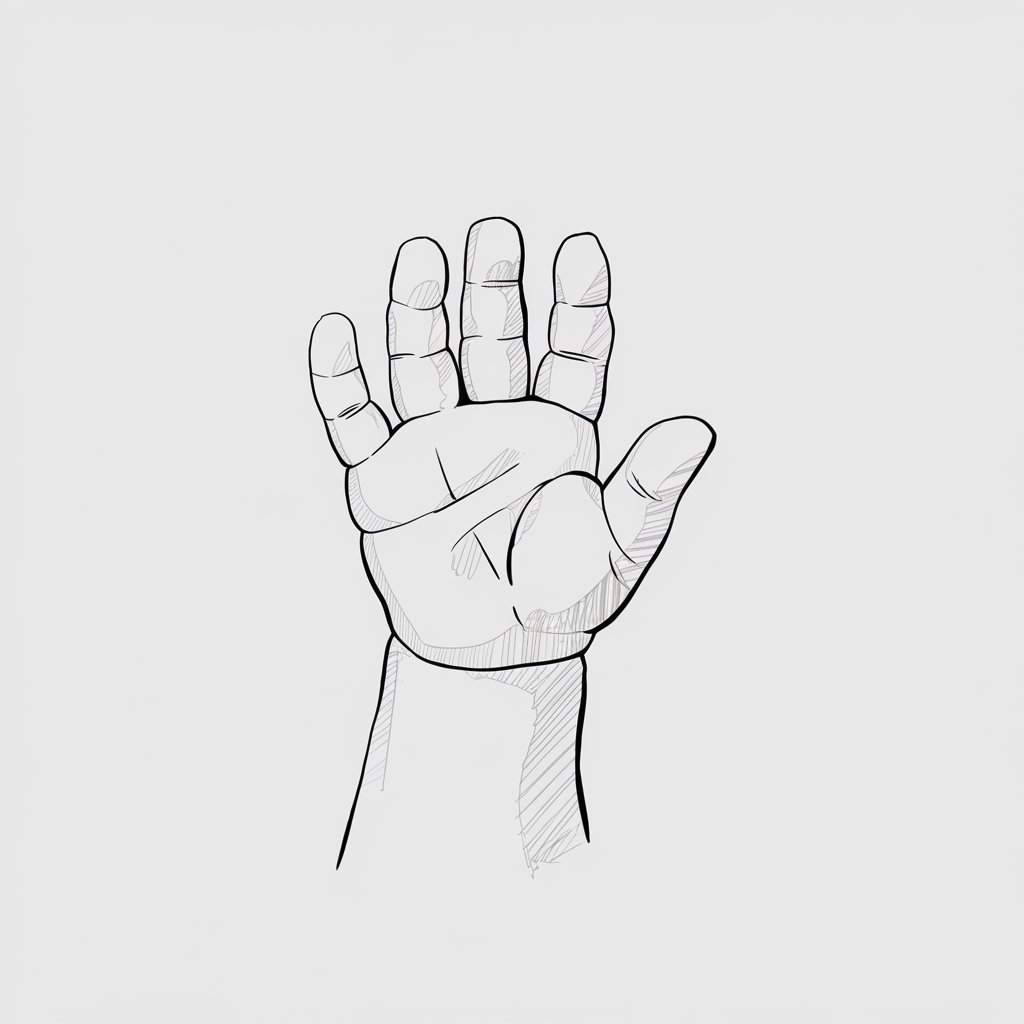 A minimalist, plain white background pencil drawing illustration of a child's small hand, open with fingers slightly spread. The proportions are youthful, with chubby fingers and smooth skin. The palm shows faint creases, and the fingers are rounded at the tips. Light shading adds subtle depth to the drawing. Created in a simplistic style, the sketch captures the innocence and softness of a young hand with minimal detail.