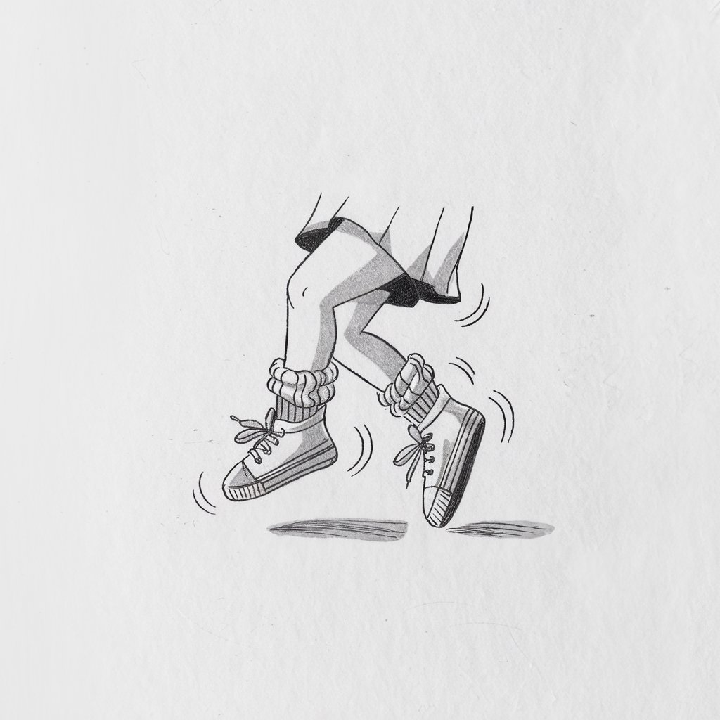 A minimalist, plain white background pencil drawing illustration of small, playful legs in motion. The legs are slightly bent, with one foot captured mid-air, wearing sneakers with lightly detailed laces. Rolled-down socks add a touch of whimsy, and subtle shading enhances the youthful roundness of the calves. Drawn in a simplistic style, the image radiates energy and innocence, with clean, light lines that keep the composition lively yet minimalist.