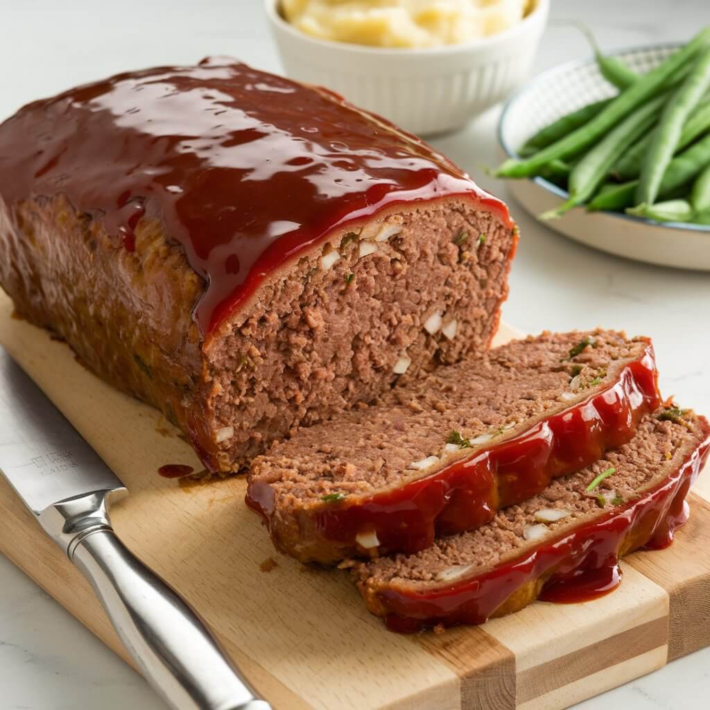 A golden-brown, loaf-shaped classic meatloaf placed on a bright white kitchen countertop. The brown cooked meatloaf is sliced to reveal its brown color, tender, juicy interior, with flecks of onions and herbs visible. A thick, glossy ketchup glaze covers the top, pooling slightly at the edges. The meatloaf sits on a wooden cutting board with a silver carving knife nearby, alongside a small bowl of mashed potatoes and a bundle of green beans.