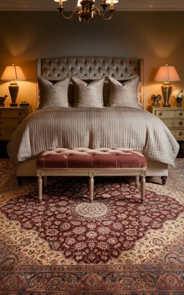 A photo of a bedroom with a richly patterned Persian rug in deep red and gold tones, perfectly centered beneath a cozy bed with tufted beige bedding and matching pillows. The intricate rug pattern complements the dark wood flooring and vintage bedside tables adorned with classic table lamps. A matching bench with a velvety cushion is placed at the foot of the bed, enhancing the traditional aesthetic. The warm lighting from a brass chandelier reflects off the rug, creating a luxurious and inviting atmosphere.