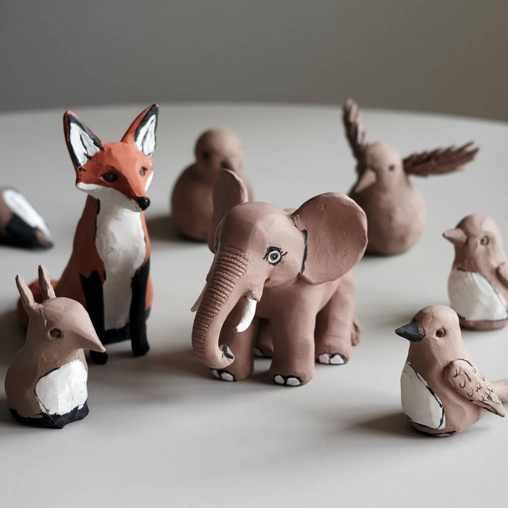 A photo of a collection of small homemade clay animal sculptures. There's a fox with pointy ears, an elephant with a textured trunk, and a bird with delicate wings. All the sculptures are sitting on a plain white table. The clay animals are painted in earthy tones and have glossy finishes.