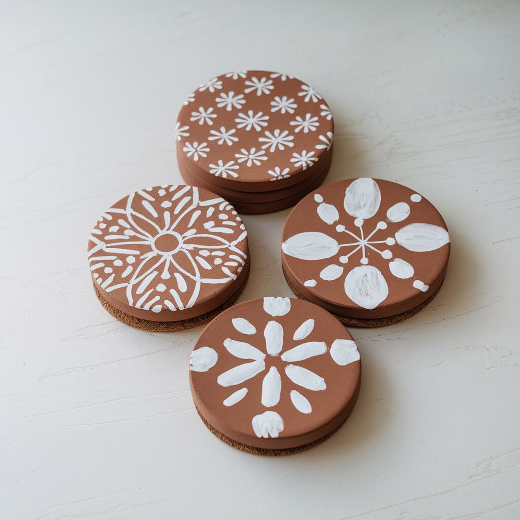 A photo of a plain white table with four round homemade simple looking clay coasters arranged in a stack. Each coaster features a different design: white geometric patterns, floral motifs, and hand-painted white accents. The clay coasters have smooth, polished surfaces with cork backing to prevent slipping.