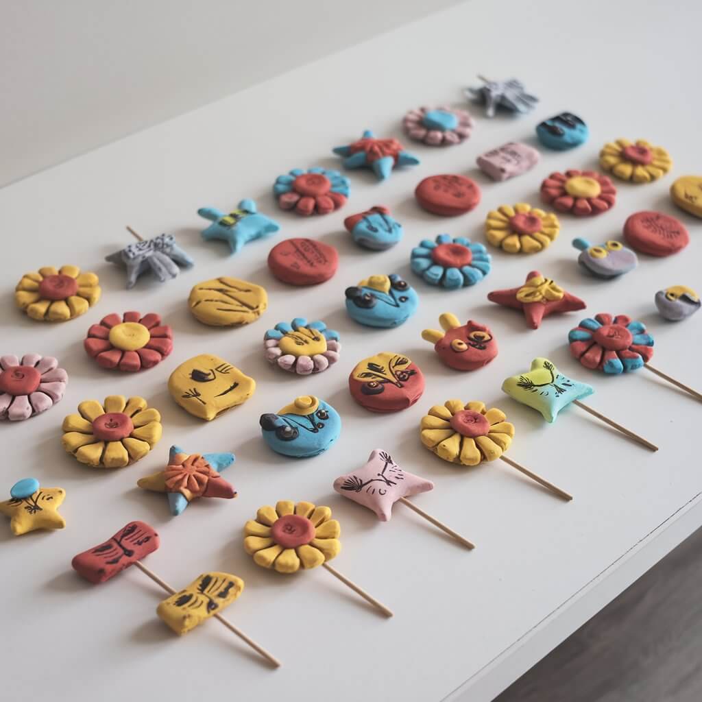 A photo of a plain white table with a colorful array of homemade clay cupcake toppers. There are flowers, stars, and small animals shaped toppers, each painted in vibrant hues like yellow, red, and blue. The toppers have intricate hand-drawn details. The background is clean and simple.