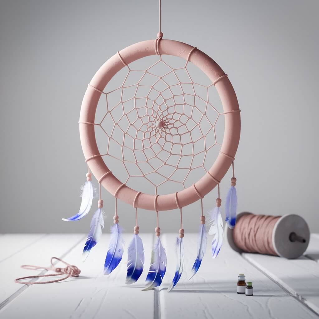 A 3D render of a stunning clay dream catcher on a white table. The dream catcher has a circular clay frame with a smooth, matte finish. Inside the frame is an intricately sculpted detail resembling a spiderweb. Hanging from the bottom of the web are small clay feathers. The feathers are painted in gradient hues of blue and white, adding an ethereal touch. Near the dream catcher, there is a spool of string and tiny paint bottles, giving a sense of the careful artistry involved in its creation.