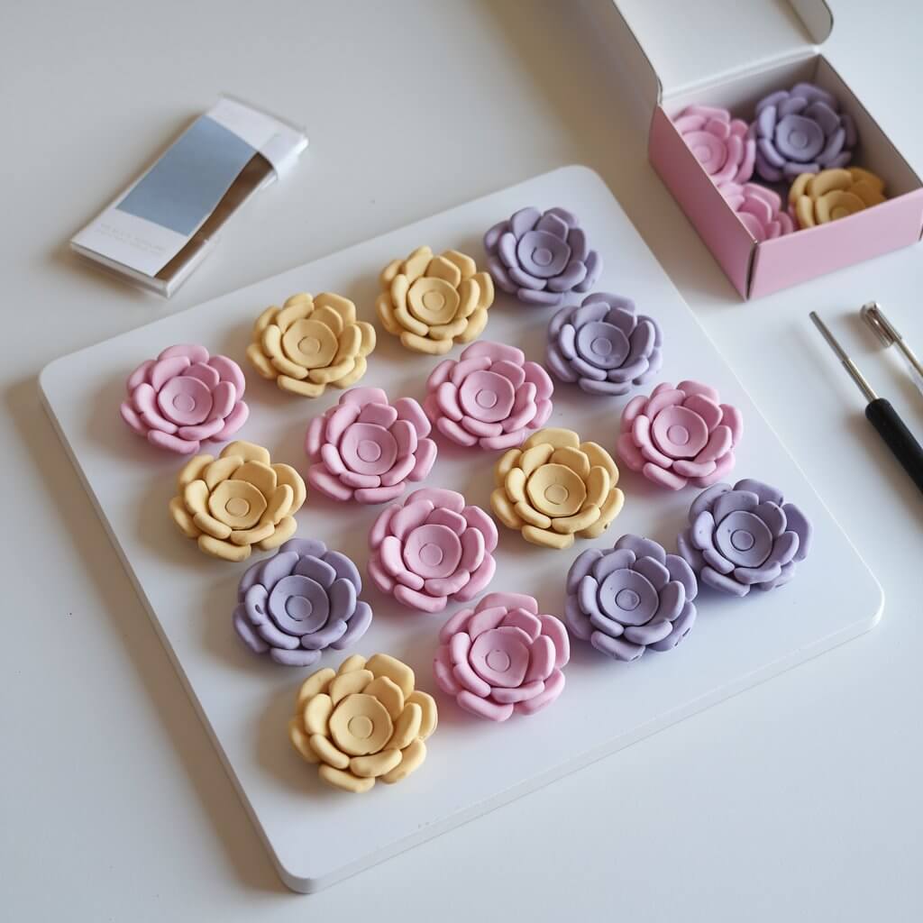 A photo of a whiteboard with a collection of colorful clay flower magnets. The magnets are shaped into delicate blooms with layered petals and come in shades of pink, yellow, and purple. The magnets have a glossy finish that catches the light. There is a small open box of magnets beside the whiteboard, along with a few clay tools. The scene is set on a plain white table.