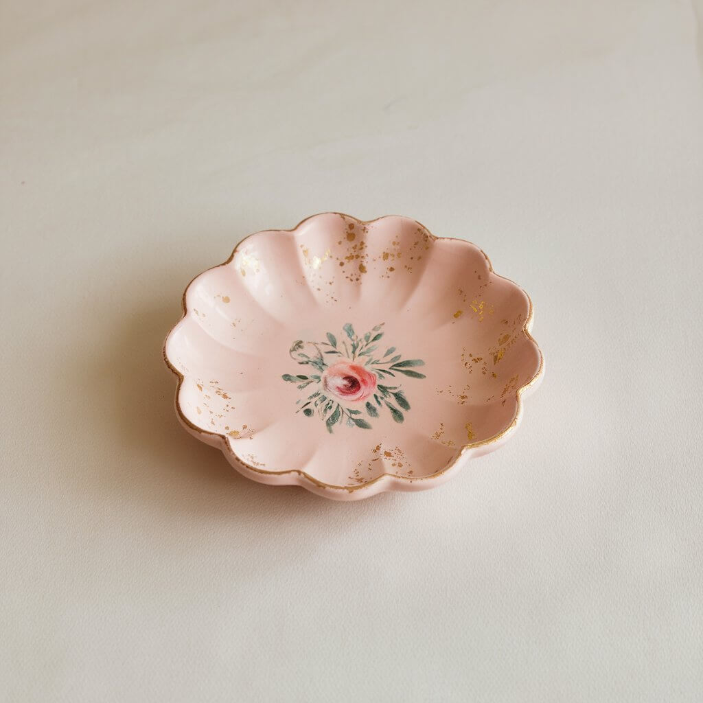 A photo of a delicate kid's homemade clay jewelry dish with a scalloped edge. The dish is placed elegantly on a plain white table. The dish is painted in a light blush pink with subtle gold flecks. Its center features a hand-painted floral pattern.