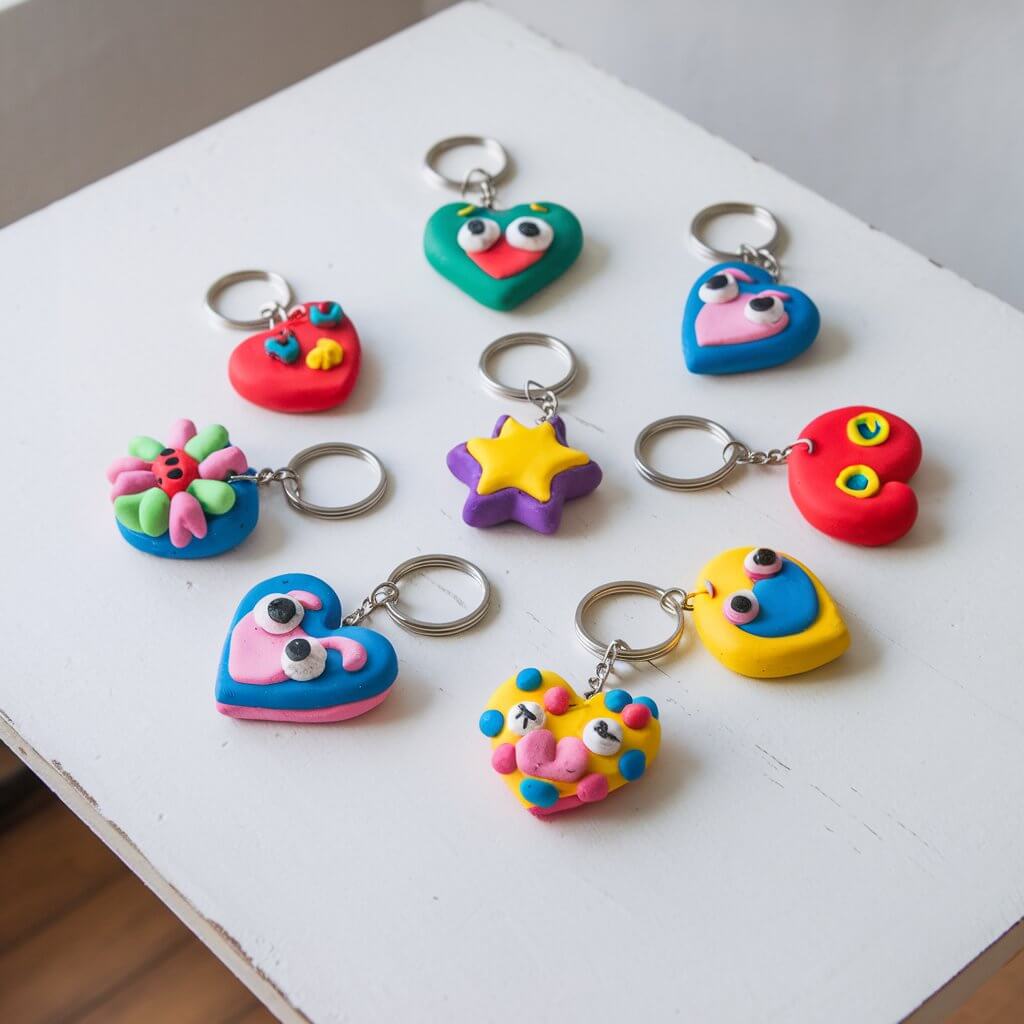 A photo of a plain white table with a set of quirky, homemade clay keychains. The keychains are in playful shapes like hearts, stars, and tiny animals. They are brightly painted with bold colors and have shiny metal keyrings attached. The background is clean and simple, allowing the keychains to stand out.