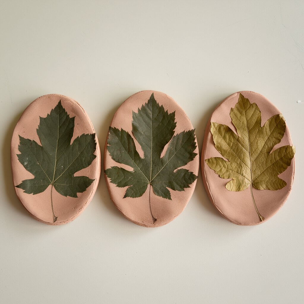 A photo of three oval-shaped homemade clay pieces with leaf imprints. The clay pieces are placed side by side on a plain white table. Each piece captures the detailed veins and edges of real leaves, pressed deeply into the clay. The imprints are painted in natural shades of green and gold, with the clay base left uncolored for contrast.