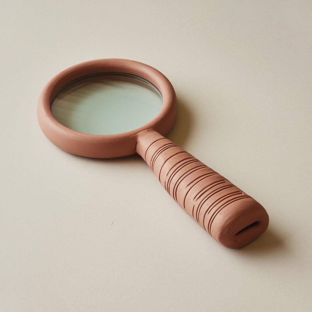 A photo of a handmade clay magnifying glass with a simple, sleek, curved design. The handle is painted in metallic silver and is sculpted to have intricate grooves for added grip. The glass lens is attached to one end of the handle. The magnifying glass is resting on a plain white table.