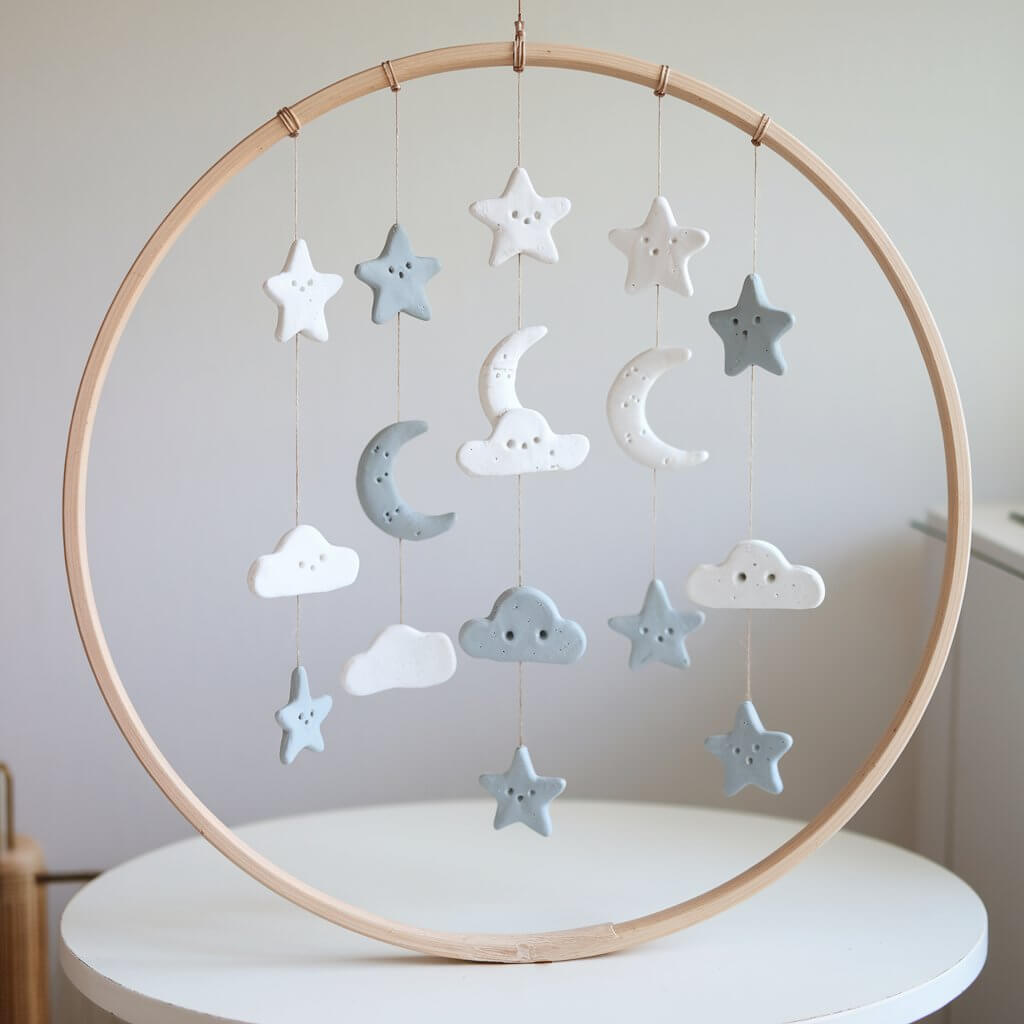 A photo of a homemade clay mobile with stars, moons, and clouds. The mobile is hanging from a circular wooden frame and is placed on a white table. The clay pieces are in pastel tones of gray, white, and baby blue. The pieces are connected with thin threads and have a simple, rustic appearance. The background is clean and uncluttered.