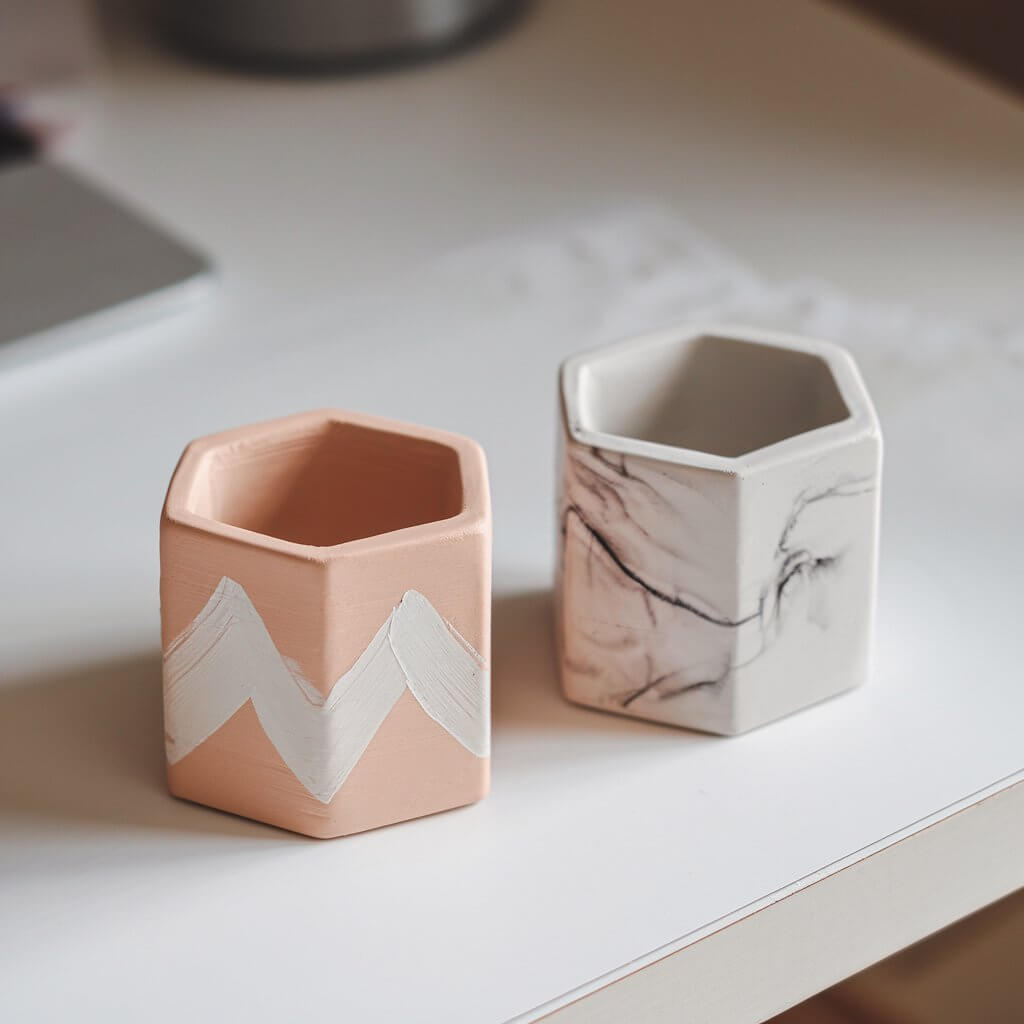 A photo of two homemade clay pencil holders on a white table. The pencil holders are shaped like geometric cylinders. One holder has a hand-painted zigzag pattern in soft peach, while the other has a minimalist marble effect in white and gray.