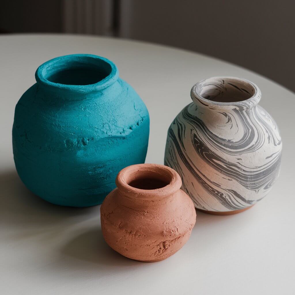 A photo of three handmade clay pinch pots of varying sizes on a white table. The largest pot is painted in a bright teal color. The medium-sized pot has a marbled gray and white design. The smallest pot is left unpainted, giving it a raw, earthy appearance. All the pots have an organic, uneven shape, highlighting their handmade nature.