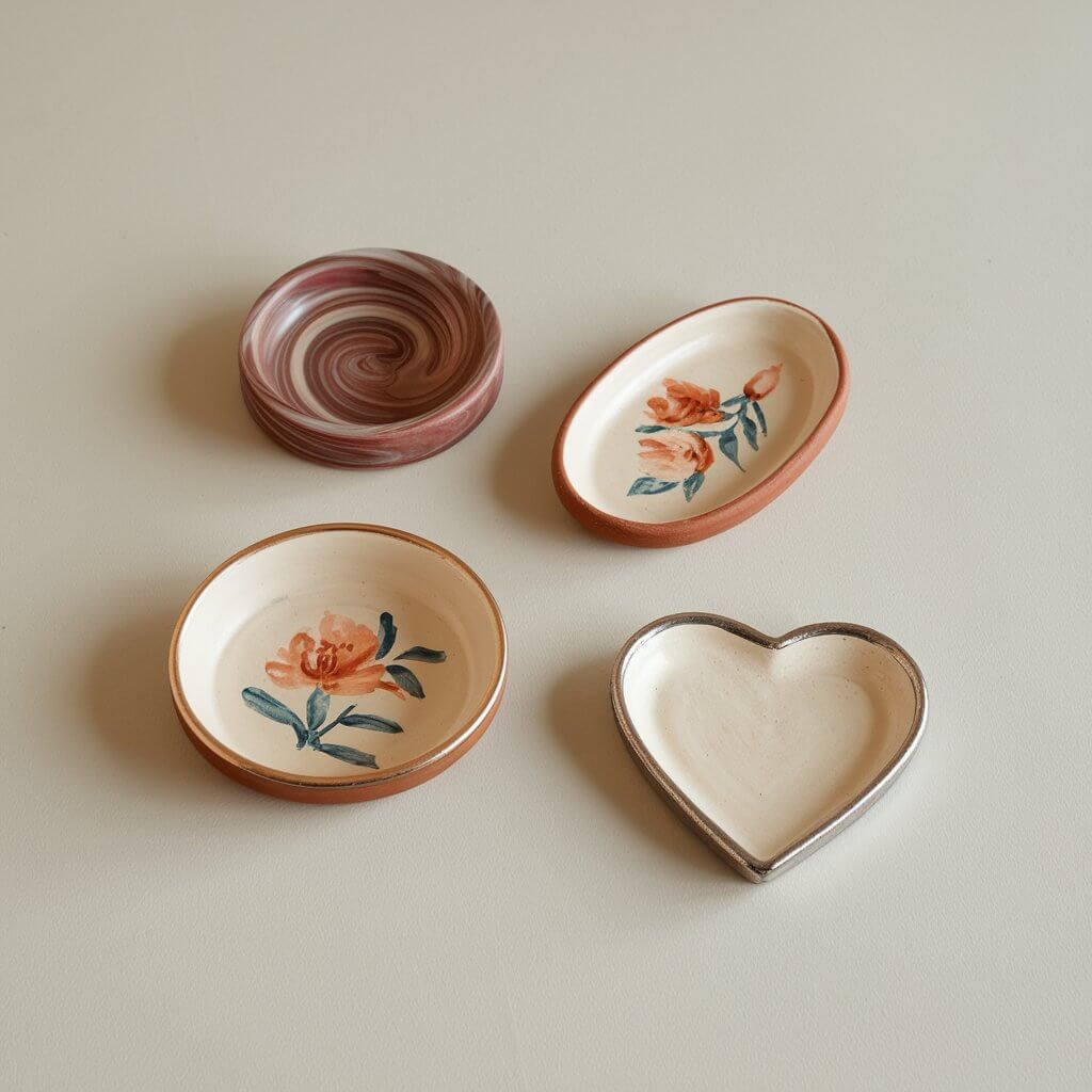 A photo of four small clay trinket dishes of various shapes - round, oval, and heart - arranged on a plain white table. The round dish has a marbled swirl design. The oval dish features hand-painted florals. The heart-shaped dish has a metallic edge. The dishes have smooth finishes with slightly raised edges, perfect for holding small items.