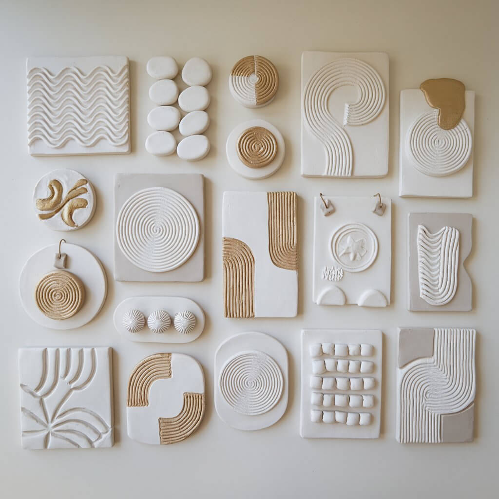 A photo of a collection of abstract homemade clay wall art pieces. The pieces are arranged neatly on a plain white table. There are textured designs such as wavy lines, circular patterns, and geometric forms. The pieces are painted in neutral tones of white and beige with occasional gold accents. Some pieces are small plaques, while others have loops for hanging.