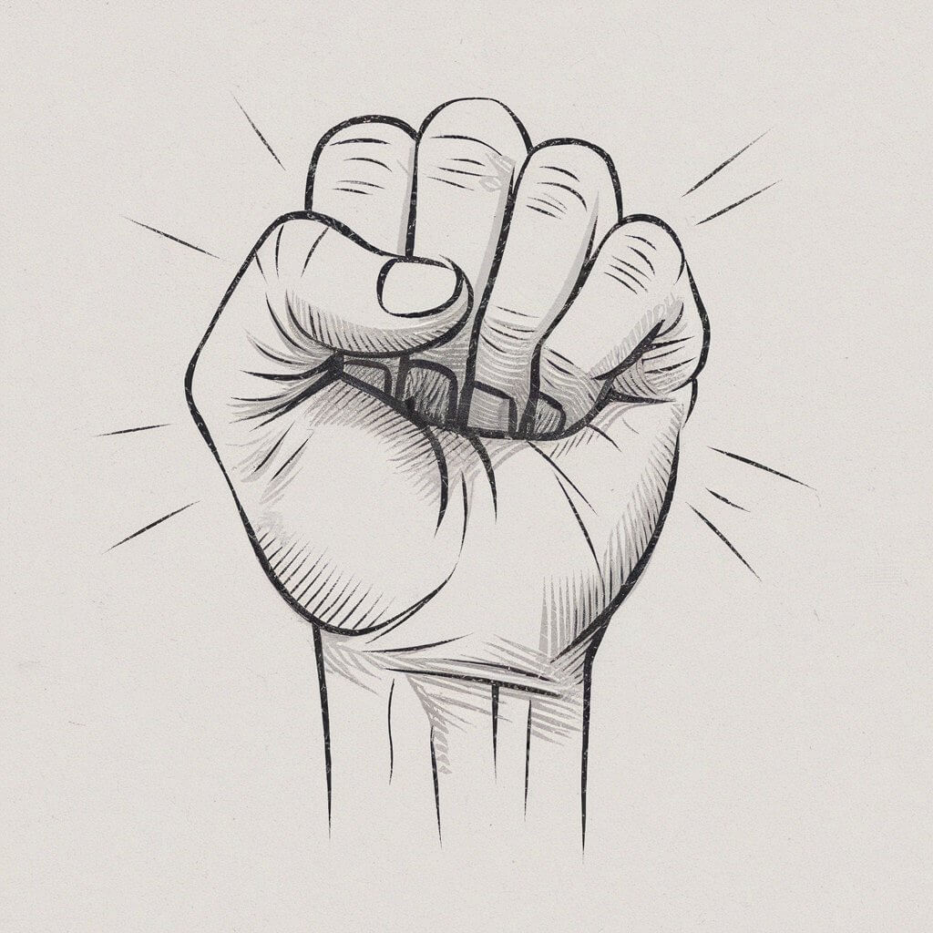 A minimalist, plain white background pencil drawing illustration of a clenched fist. The fingers are tightly curled into the palm, and the thumb is pressed firmly over them. The knuckles are pronounced, with light shading emphasizing their rounded shapes. Faint creases radiate from the base of each finger. The sketch is drawn in a simplistic style, with clean, precise lines and subtle texture.