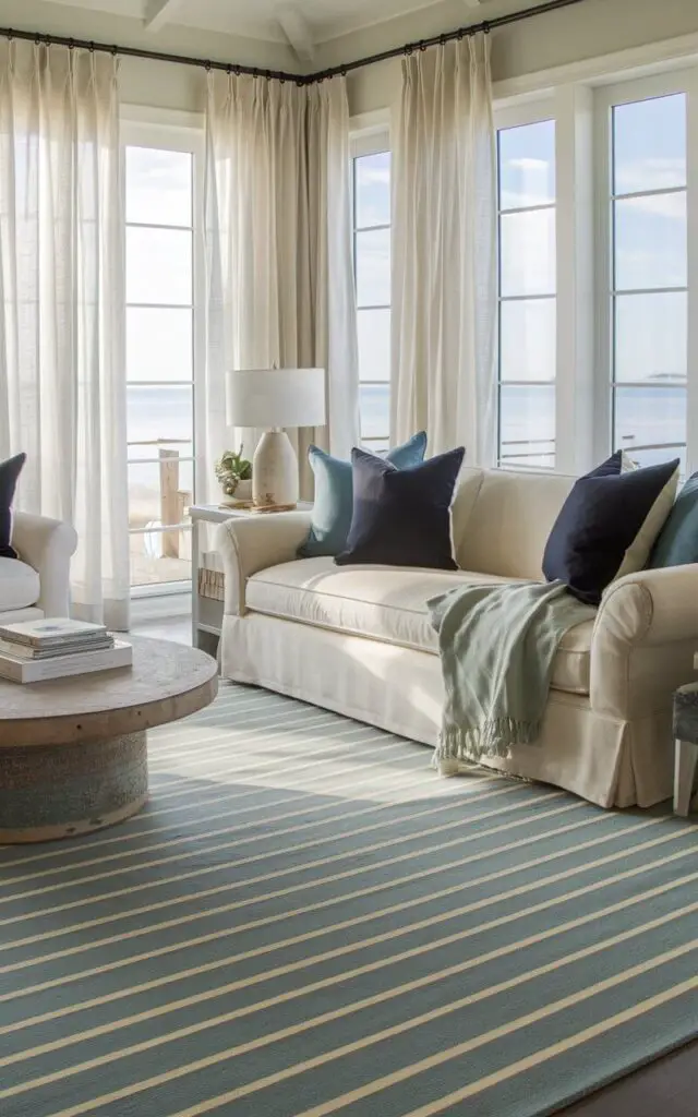 A serene coastal living room with a striped rug in soft blue and white. There's a cozy cream-colored sofa with navy and seafoam green throw pillows. A rustic round coffee table sits in the middle of the room. Large windows with gauzy white curtains let in natural light. The coastal rug sets the mood for a relaxed, seaside atmosphere.