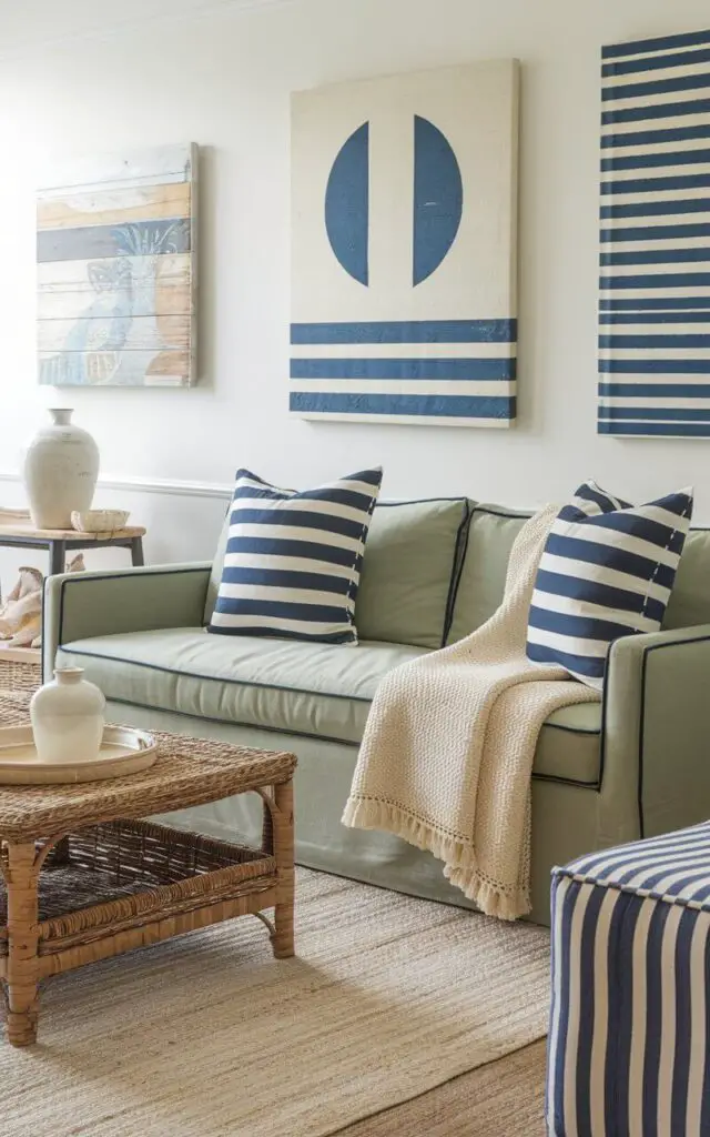 A photo of a coastal-inspired living room with a green couch and nautical decor. There are striped blue-and-white cushions and a light woven throw on the couch. A wicker coffee table sits on a light jute rug. A side table holds a white ceramic vase. The walls have seaside-inspired artwork.