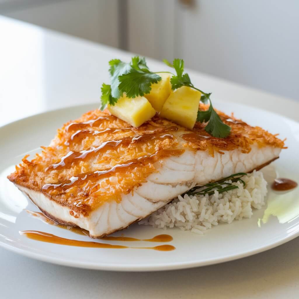 A photo of a thick piece of coconut-crusted haddock, its toasted golden flakes shimmering in natural light. The fish is served with a small portion of jasmine rice and a delicate drizzle of sweet chili sauce. A tropical touch is added with a garnish of pineapple chunks and cilantro leaves, all arranged beautifully on a sleek white plate over a bright white kitchen countertop.