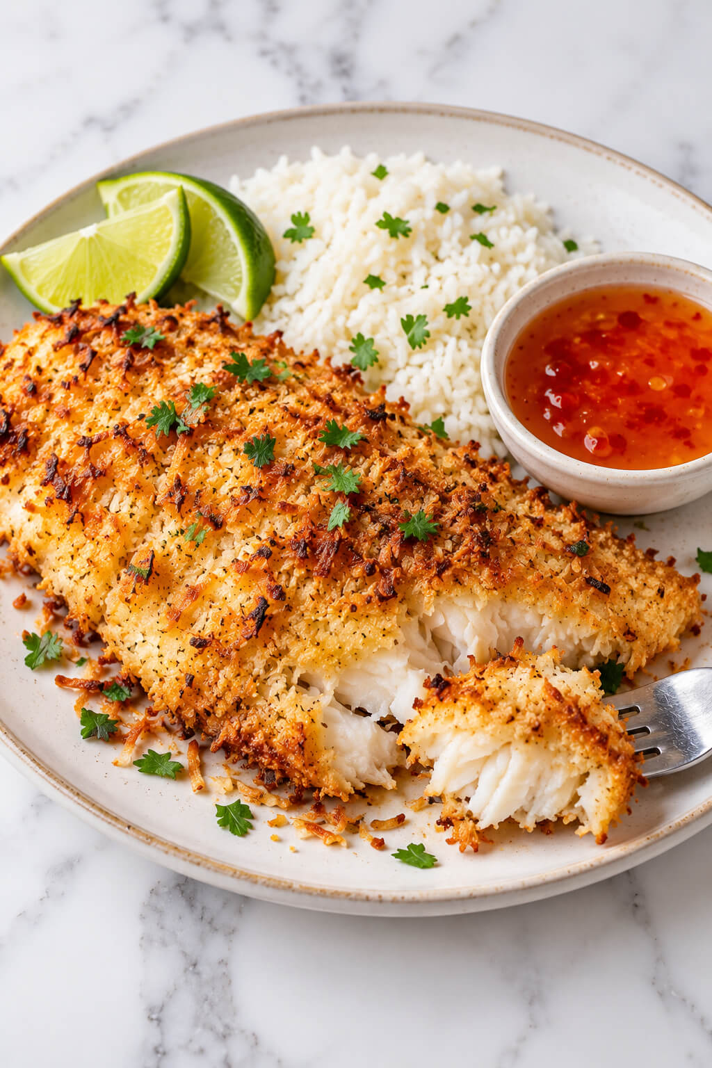 Coconut Crusted Haddock with Rice and Chili Sauce