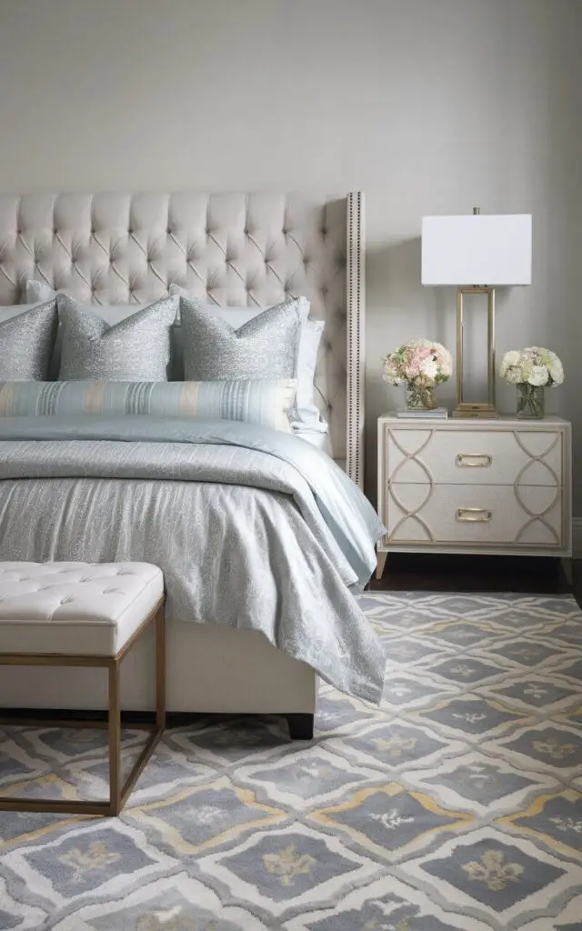 A photo of a polished bedroom with a patterned area rug that perfectly matches the bedding's color palette, creating a cohesive look. The very cozy bed features soft gray and pale blue linens that harmonize with the rug's subtle hues. The furniture includes a tufted headboard and sleek nightstands with gold accents. A modern table lamp and fresh flowers complete the coordinated and elegant space.