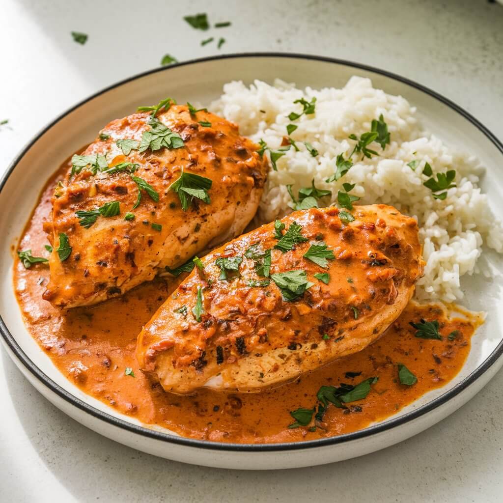 A photo of a plate of creamy Cajun chicken on a bright white kitchen countertop. The tender chicken breasts are coated in a smoky, spicy Cajun cream sauce. The sauce has a warm orange hue, speckled with paprika and cayenne. Fresh chopped parsley is sprinkled on top. A side of fluffy white rice is also on the plate, ready to soak up the rich sauce.