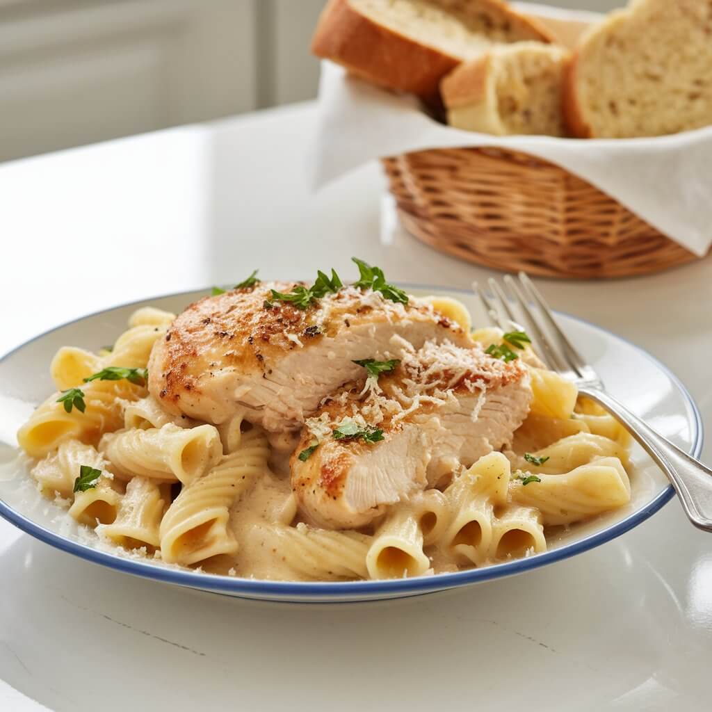 A photo of a steaming plate of creamy chicken Alfredo on a bright white kitchen countertop. The dish contains tender pieces of golden-brown chicken breast nestled in a thick, velvety sauce. The pasta glistens under the light, coated generously with Alfredo sauce, flecked with freshly grated Parmesan, and garnished with parsley. A fork rests elegantly beside the plate. In the background, there is a basket of crusty garlic bread.