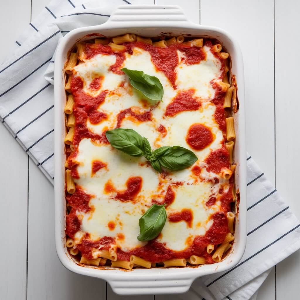 A photo of a freshly baked baked ziti dish in a white ceramic baking dish. The dish is filled with al dente ziti pasta coated in a thick layer of vibrant red marinara sauce. Generous amounts of gooey, melted mozzarella cheese blanket the surface, with some spots beautifully browned and slightly crisp from the oven. Fresh green basil leaves are strategically placed on top, adding a pop of freshness and color to the dish. The baking dish is surrounded by a white and black striped kitchen towel folded on the left side and a white wooden table beneath the setup, enhancing the clean, rustic presentation.