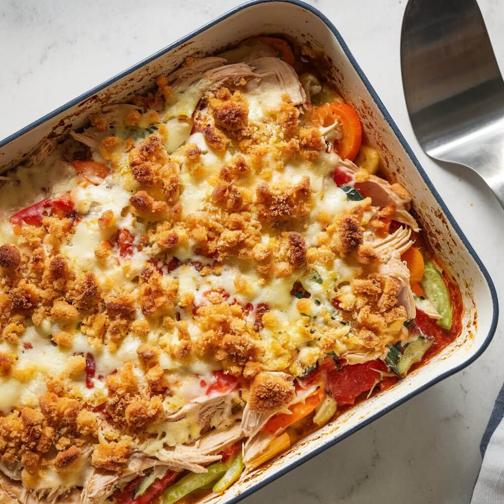 A photo of a creamy chicken casserole in a baking dish on a white kitchen countertop. The casserole has a golden, bubbling crust and is filled with shredded chicken, colorful vegetables, and a thick sauce. The top is covered with breadcrumbs and melted cheese, creating a crispy texture. A spatula is placed beside the dish, ready to serve.