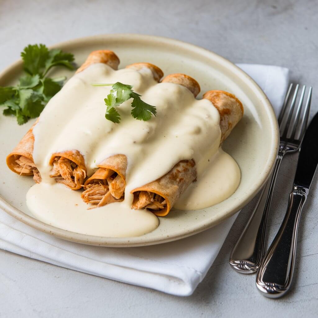 A photo of a plate of creamy chicken enchiladas on a light beige ceramic plate. The enchiladas are rolled tortillas filled with shredded chicken and topped with a thick layer of creamy white sauce. The white sauce is rich and smooth, draping over the enchiladas and pooling slightly on the plate. Sprinkled on top is a small chopped cilantro, providing a fresh, crisp garnish. The plate rests on a white napkin, adding warmth to the presentation. To the side of the plate are polished silverware—a knife and a fork—placed neatly for a complete dining setup. The overall dish appears creamy, indulgent, and comforting.