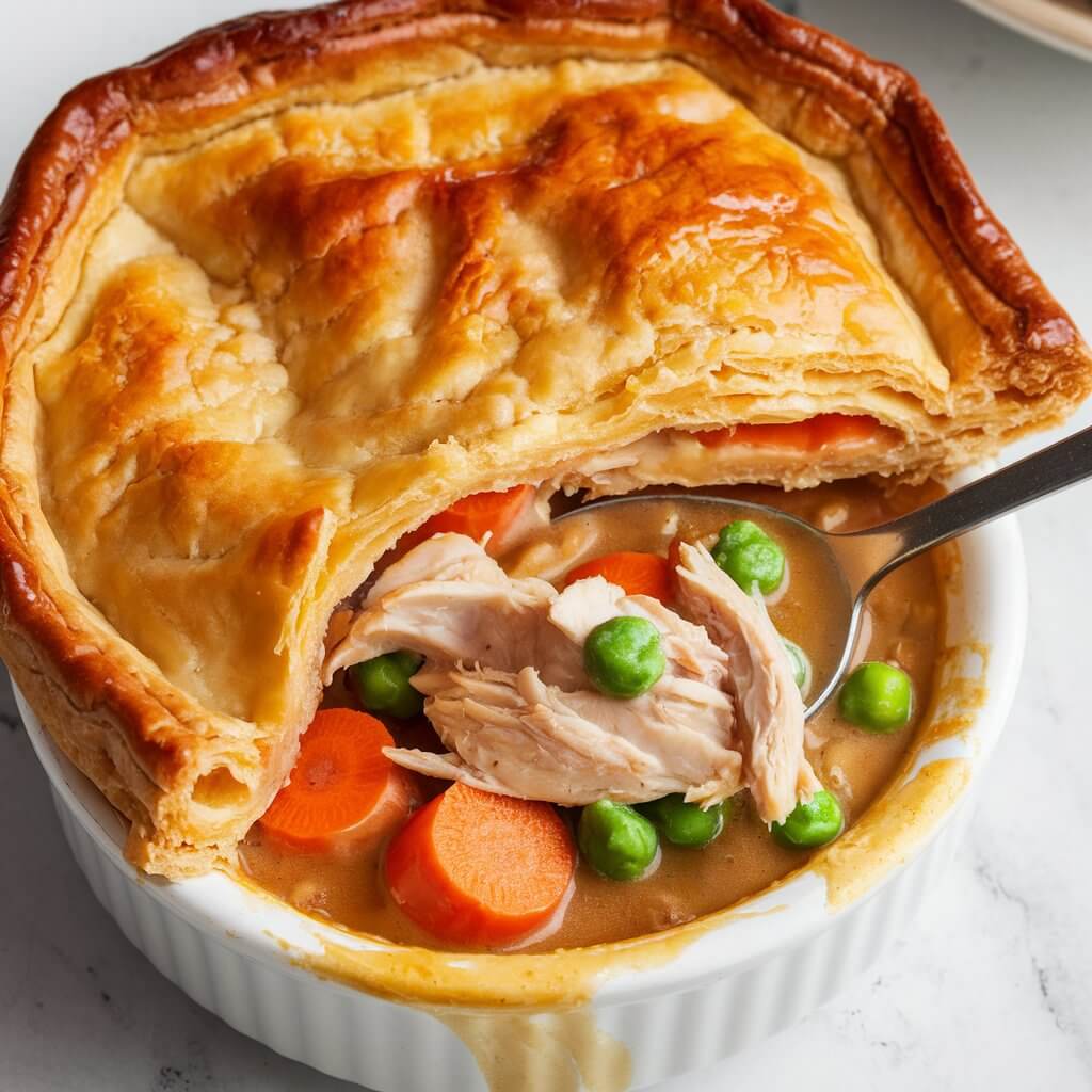 A photo of a golden-brown chicken pot pie with a flaky, buttery puff pastry crust. The crust is perfectly baked, showing a crisp texture with visible layers and a deep, shiny glaze from the egg wash. A large, irregular opening in the center reveals the creamy filling inside, showcasing tender pieces of shredded chicken, vibrant orange carrot slices, bright green peas, and a rich, thick sauce with a glossy appearance. A metal spoon is inserted into the filling, lifting a portion slightly, highlighting the hearty and comforting nature of the dish. The pot pie is served in a small white ramekin, with some sauce slightly spilling over the edge, adding a rustic, homemade touch. The background features a white countertop, complementing the warm and inviting tones of the dish.