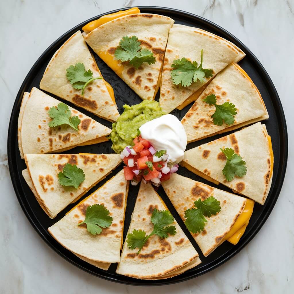 A top-down view of a beautifully arranged plate of cheese quesadillas cut into triangular slices and presented in a circular pattern on a round black serving tray. The golden-brown quesadilla slices have a crisp, toasted exterior with some melted cheese oozing from the edges. Each slice is garnished with chopped fresh cilantro leaves for a touch of green and freshness. In the center of the plate, there is a generous dollop of toppings that include bright green guacamole, a mound of vibrant red salsa (composed of diced tomatoes, onions, and herbs), and a fluffy white dollop of sour cream. These toppings create a colorful and inviting centerpiece. Surrounding the tray, the surface is a white marble countertop.