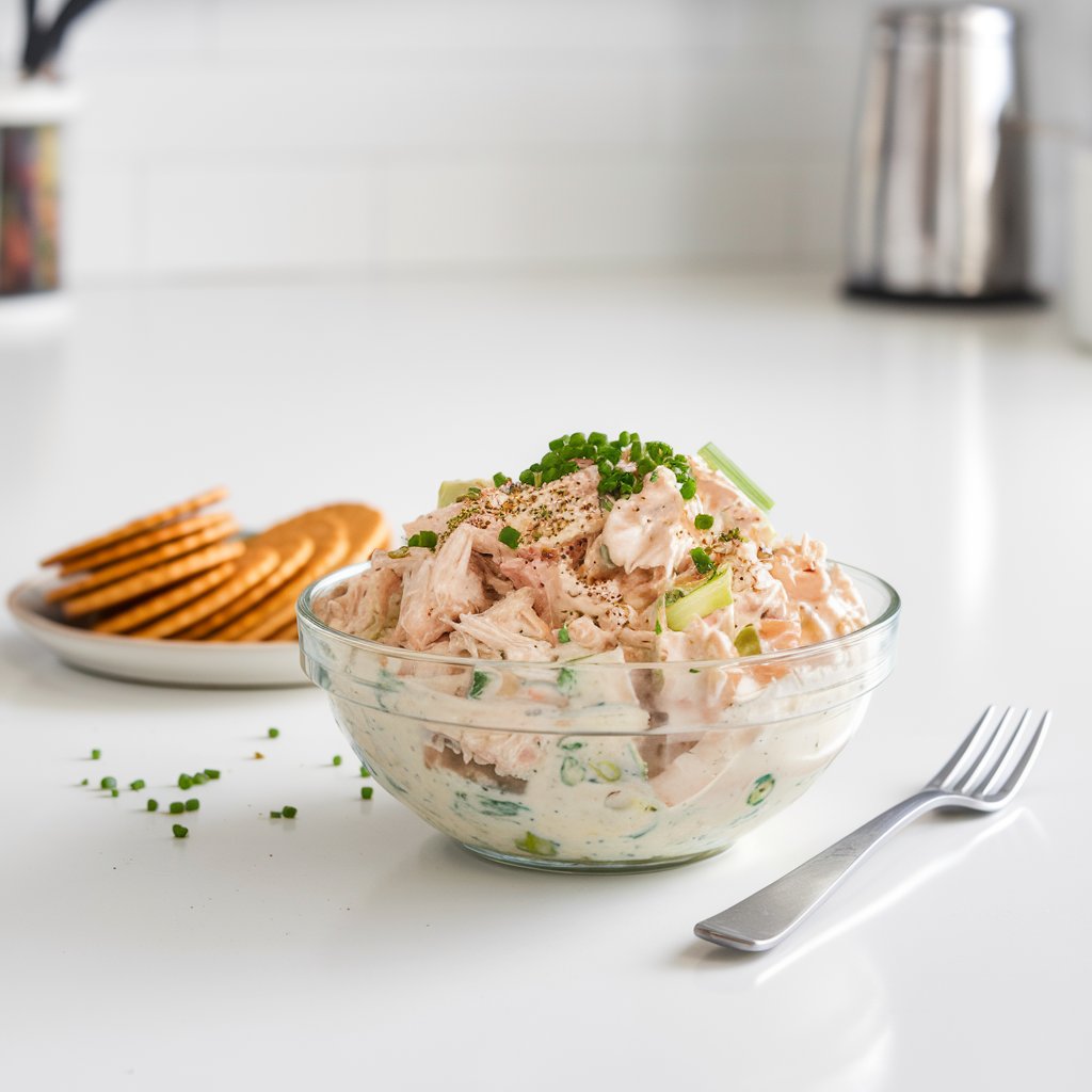 A photo of a chilled bowl of creamy chicken salad on a pristine white kitchen counter. The chicken salad is made with shredded chicken, creamy dressing, chopped celery, finely diced chives, and a sprinkle of seasoning. The chicken salad is served with a small plate of crackers and a fork beside the bowl. The background is clean and minimalistic, with a few kitchen tools.