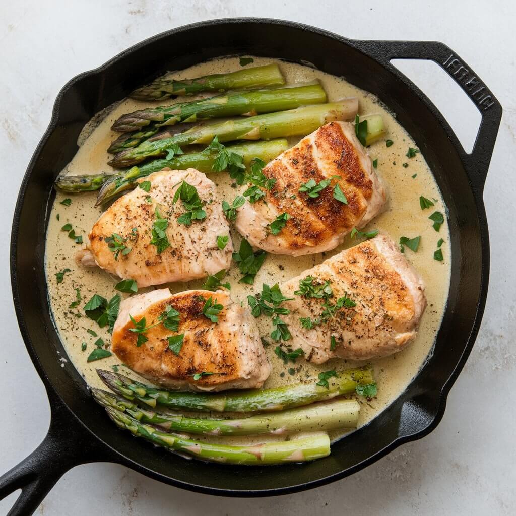 A photo of a cast iron skillet containing creamy chicken and asparagus on a white kitchen countertop. The skillet holds tender chopped asparagus spears and seared golden-brown chicken. The dish is garnished with chopped parsley and sprinkled with black pepper. The creamy sauce glistens, drizzled artfully over the dish.