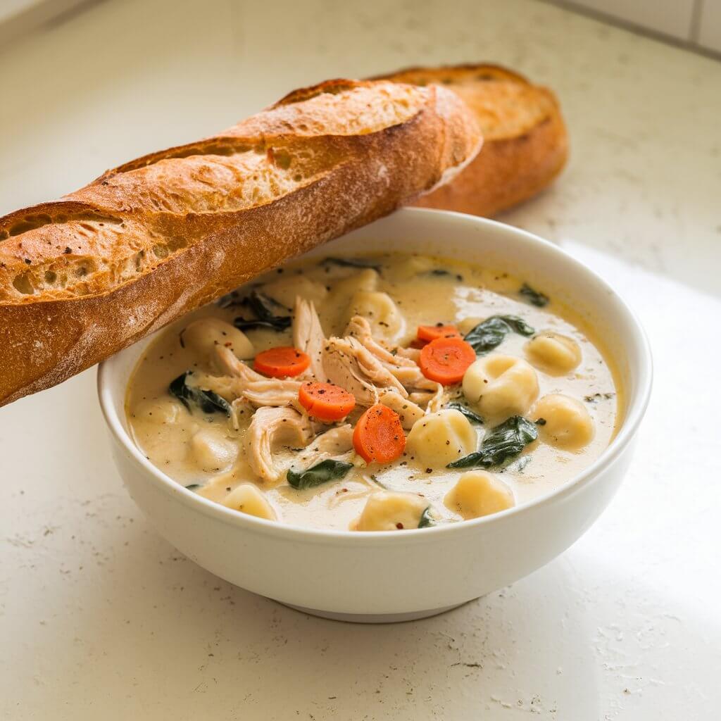 A photo of a warm bowl of creamy chicken and gnocchi soup placed on a bright white kitchen countertop. The soup is thick and hearty, with soft gnocchi floating in a creamy broth. Shredded chicken, tiny chopped carrots, and spinach add substance and color, while a crusty baguette rests on the side, ready for dipping.