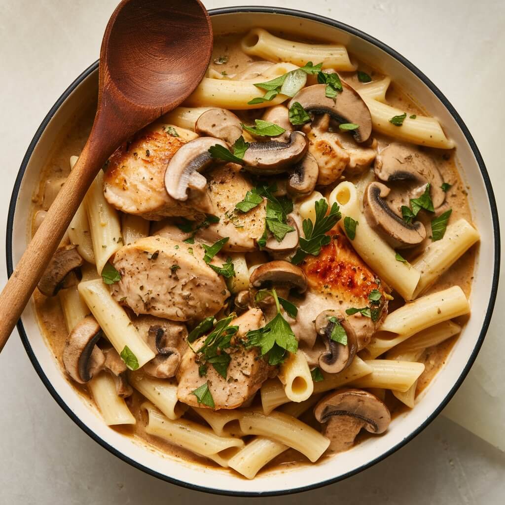 A photo of a creamy chicken and mushroom pasta dish on a white kitchen countertop. The pasta is coated in a rich sauce filled with seared chicken chunks and earthy mushroom slices. The dish is garnished with fresh chopped parsley and has a soft, warm glow reflecting off the creamy surface. A wooden spoon leans against the side of the bowl, adding to the cozy, homemade atmosphere.