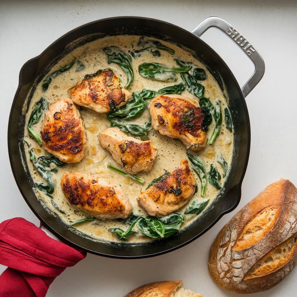 A photo of a sizzling skillet of creamy chicken and spinach on a white kitchen countertop. The golden seared chicken pieces are peeking through a rich, garlic-infused sauce. Fresh cooked spinach leaves add a burst of green, softened just enough to meld into the creamy sauce. The skillet's handle is wrapped with a red kitchen towel, and a loaf of rustic bread sits nearby, perfect for dipping into the sauce.