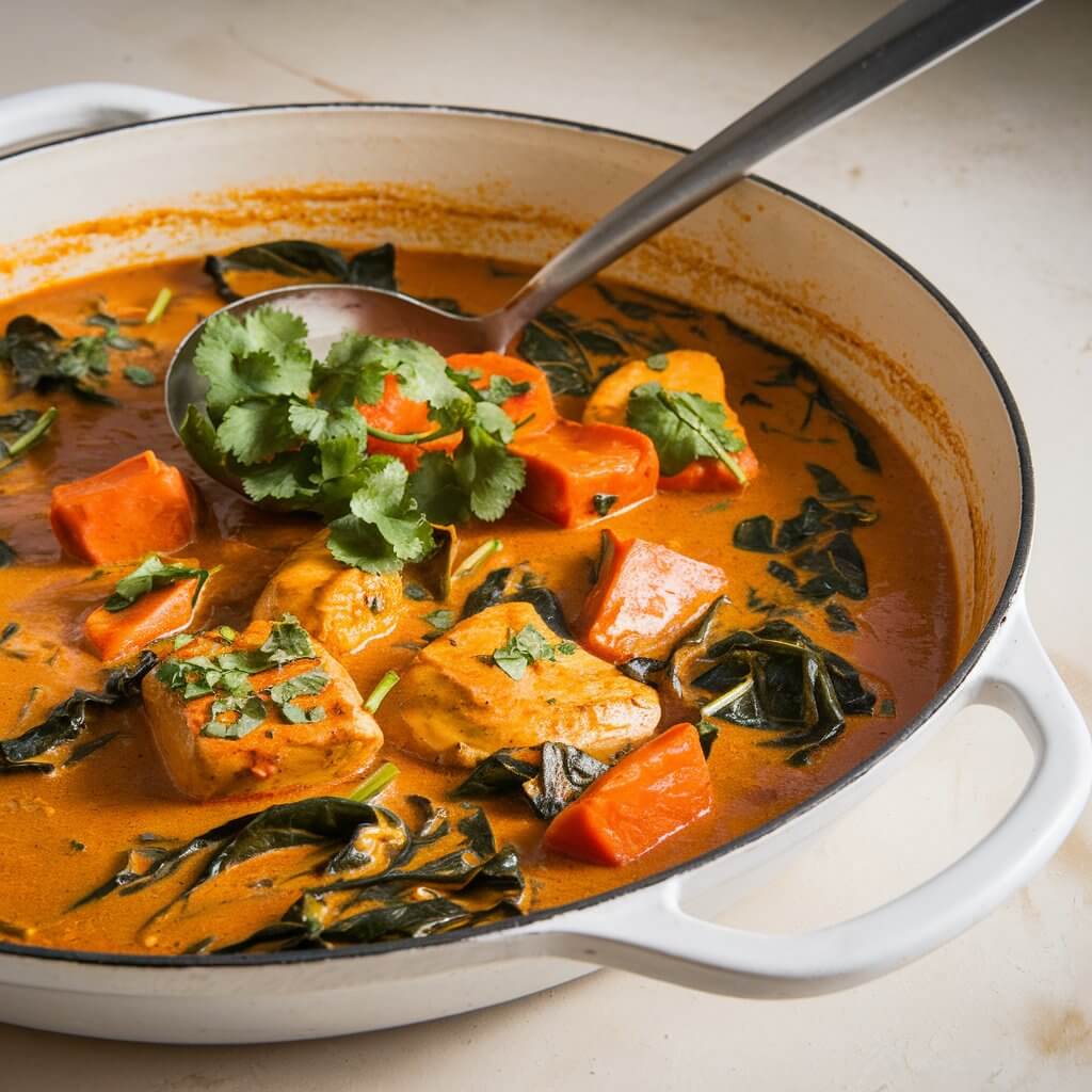 A photo of a close-up view of a vibrant, hearty chicken and sweet potato curry in a large white, enameled cast-iron skillet. The curry has tender chunks of chicken and golden-orange sweet potato pieces simmering in a rich, creamy sauce with a deep reddish-orange hue. The sauce glistens, reflecting its velvety texture. Cooked fresh green spinach leaves and chopped cilantro are distributed throughout the dish, adding bright pops of green and enhancing the visual appeal. A few larger sprigs of cilantro are placed on top for garnish. The curry is accompanied by a stainless steel ladle resting inside the skillet, slightly angled, ready for serving. The dish is set on a smooth, white countertop, which contrasts beautifully with the warm colors of the curry. The overall presentation is inviting and emphasizes the comforting, homemade nature of this flavorful dish.