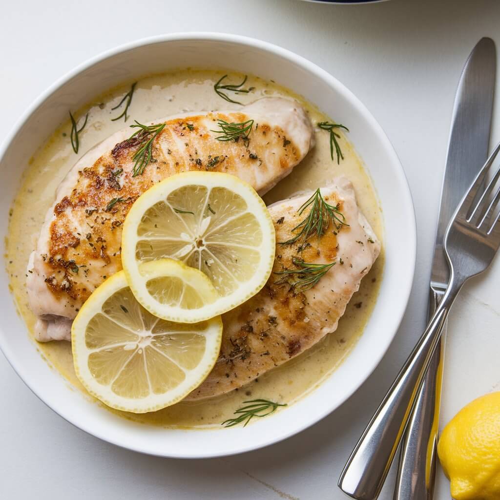 A photo of a creamy seared lemon chicken dish on a white kitchen countertop. The chicken breasts are coated in a smooth, lemon-infused cream sauce. Thin slices of fresh lemon and a sprinkle of chopped dill are placed on top of the chicken. A gleaming silver knife and fork are placed near the dish. The background is clean and simple.